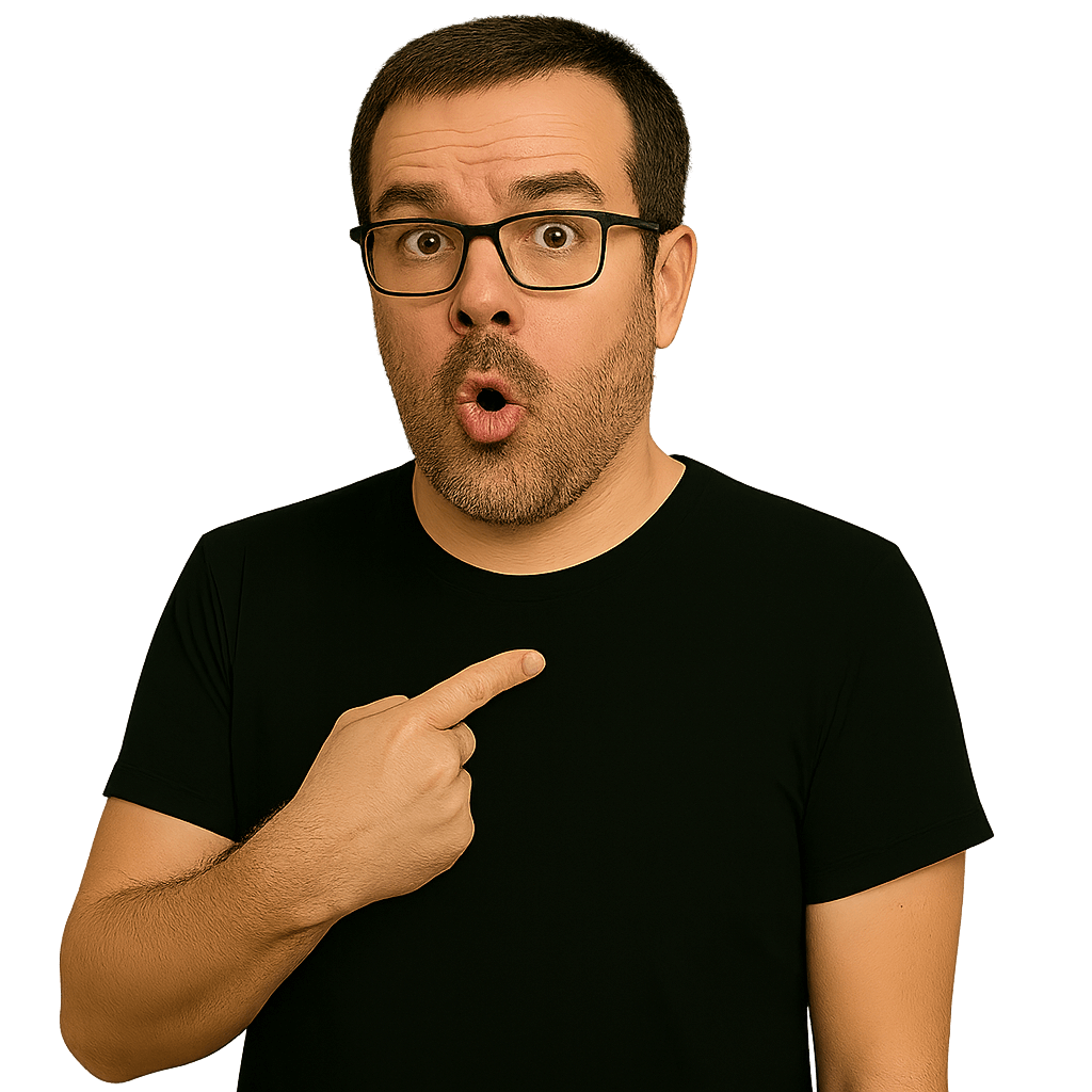 Yann Somou, self-confessed moany prick of an author of 127 Reasons Why You Are an Idiot, wearing a black t-shirt and glasses, pointing at himself with a surprised expression.