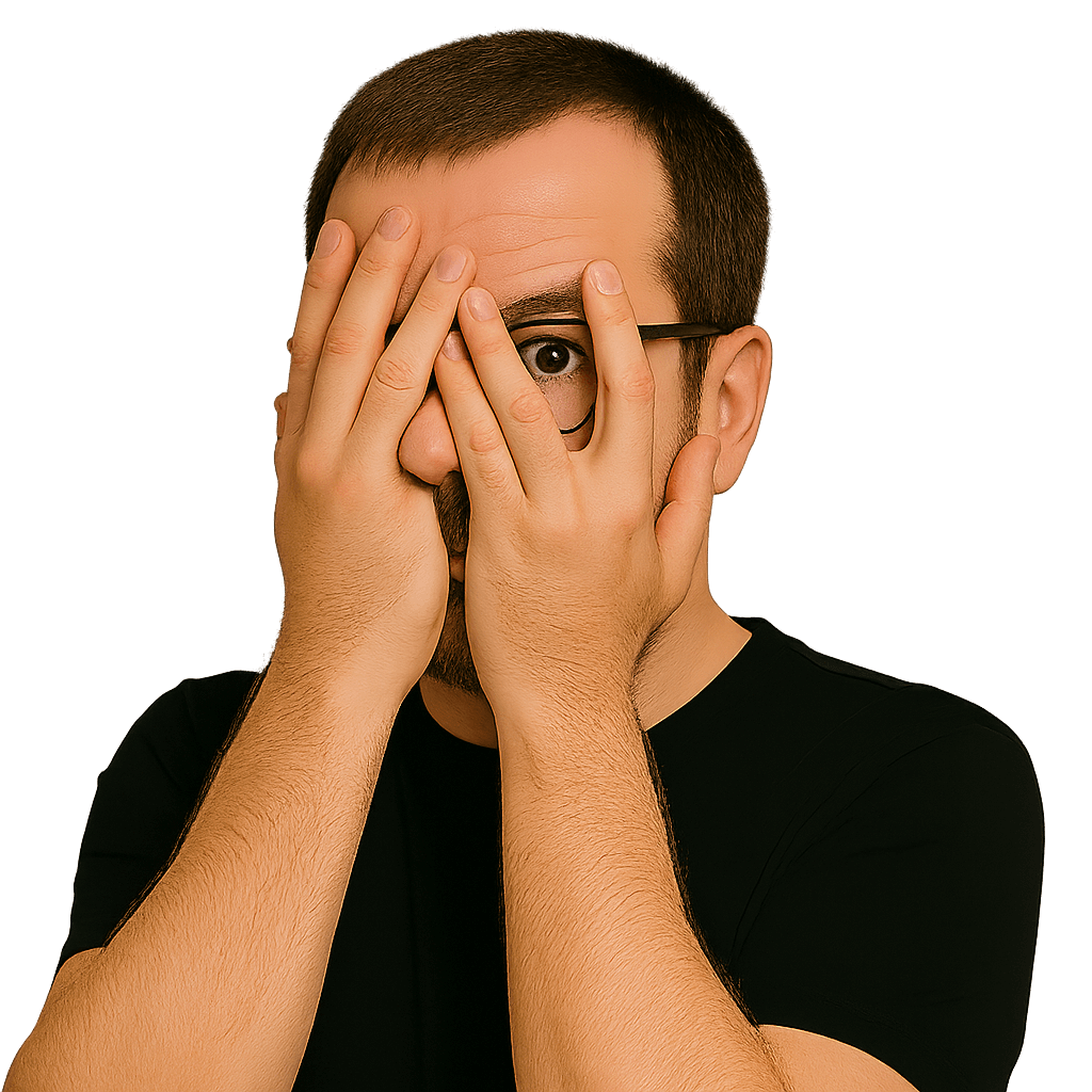 Yann Somou, self-confessed moany prick of an author of 127 Reasons Why You Are an Idiot, wearing glasses and a black t-shirt, covering his face with his hands as if playing peek-a-boo.