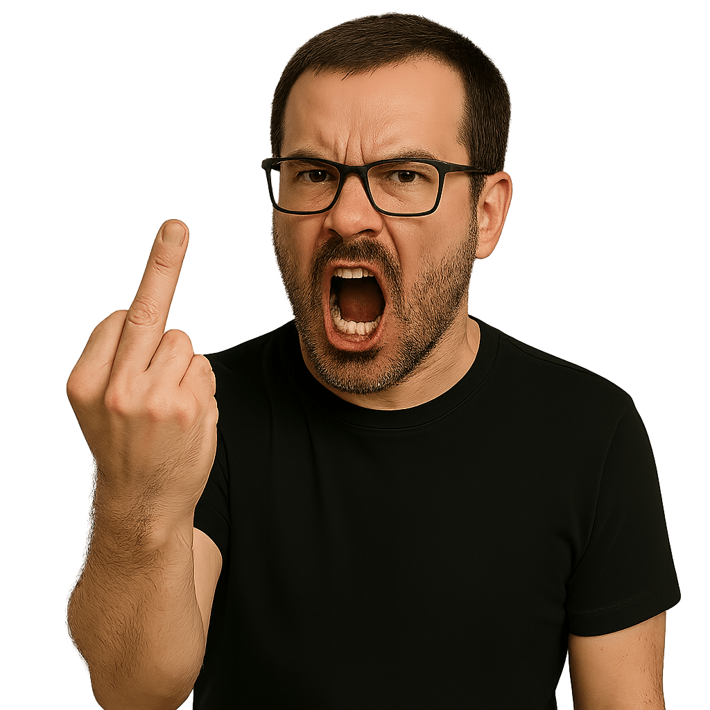 Yann Somou, self-confessed moany prick of an author of 127 Reasons Why You Are an Idiot, wearing glasses and a black t-shirt, shouting while raising his middle finger in defiance.