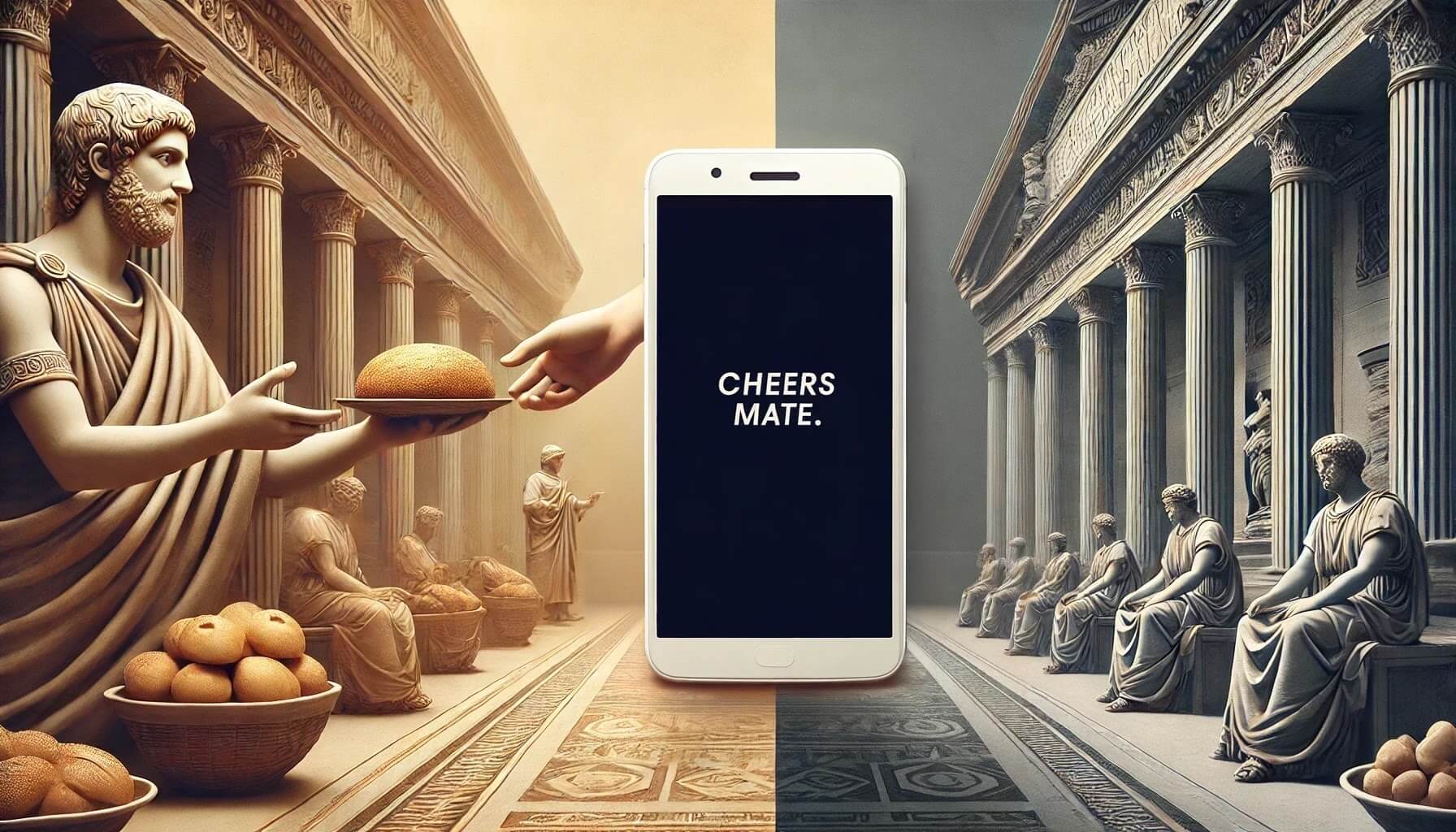 Split image showing an ancient Roman servant offering bread with gratitude on one side, contrasted with a modern smartphone reply saying “Cheers mate”, symbolising the decline of manners and the fading use of please and thank you.