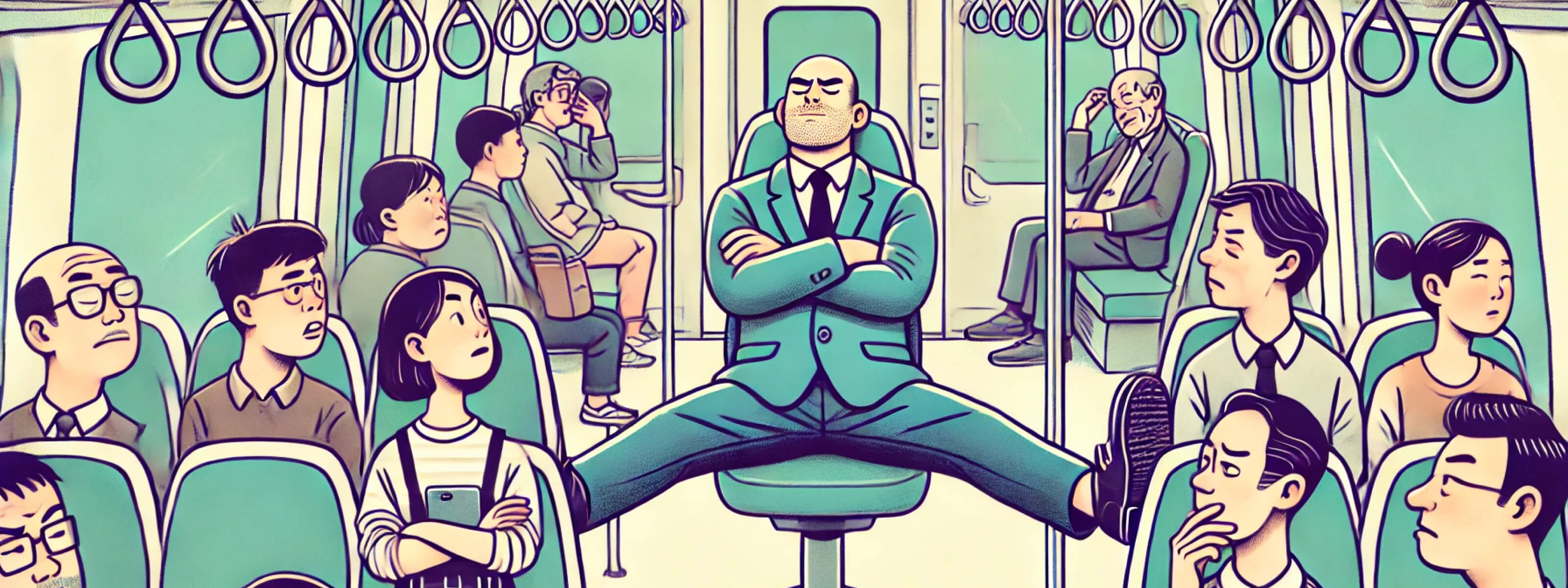 A cartoonish illustration of a crowded train carriage, with a seated passenger manspreading exaggeratedly, taking up too much space while nearby passengers glare at them in annoyance.