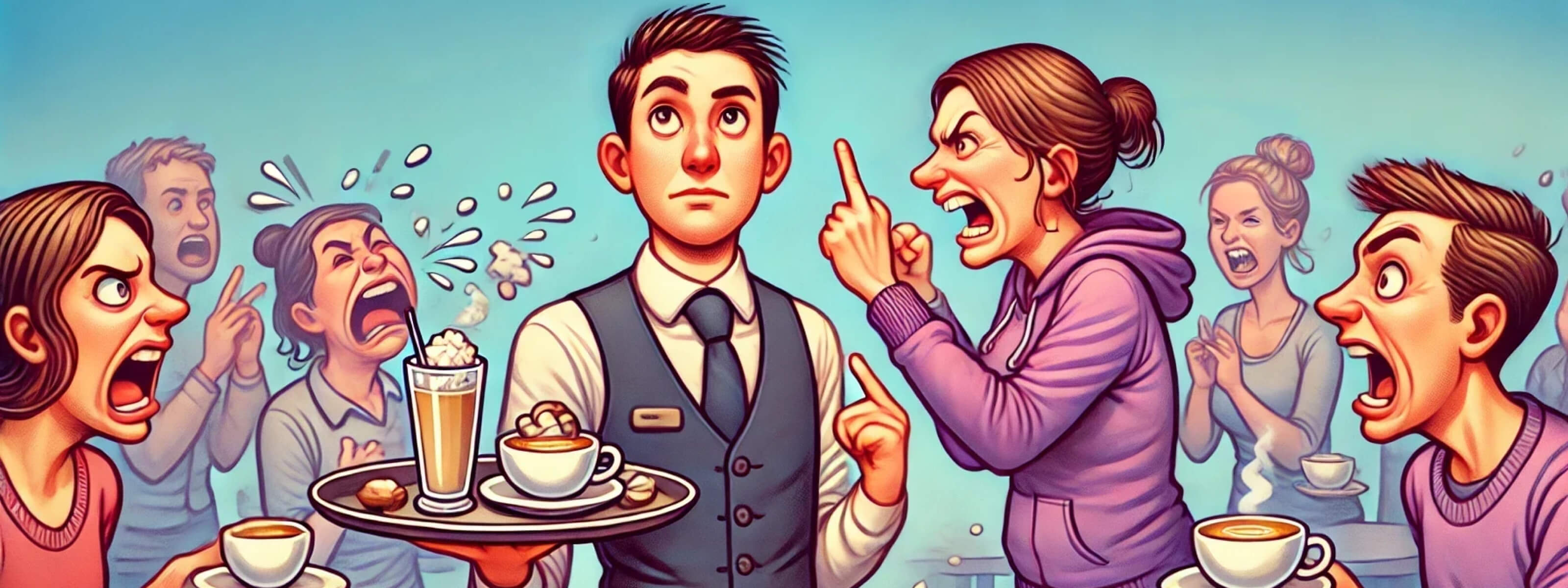 Illustration of a chaotic customer service scene in a busy café. A customer snaps their fingers at an annoyed server holding spilled drinks. Highlights the humor behind the myth of 'the customer is always right' and poor customer service etiquette.