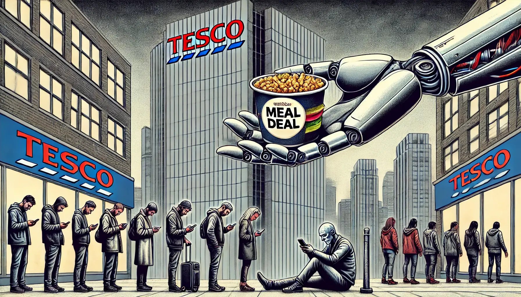 Dystopian illustration showing a robotic hand offering a meal deal to queuing people in a city controlled by AI for good under capitalism, highlighting technology’s cold dominance.