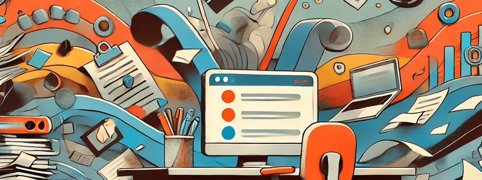 Illustration of a chaotic office desk with overflowing papers, laptops and charts, symbolising workplace stress and difficult coworkers – header image for Idiots at Work: A Guide to Dealing with Difficult Coworkers.