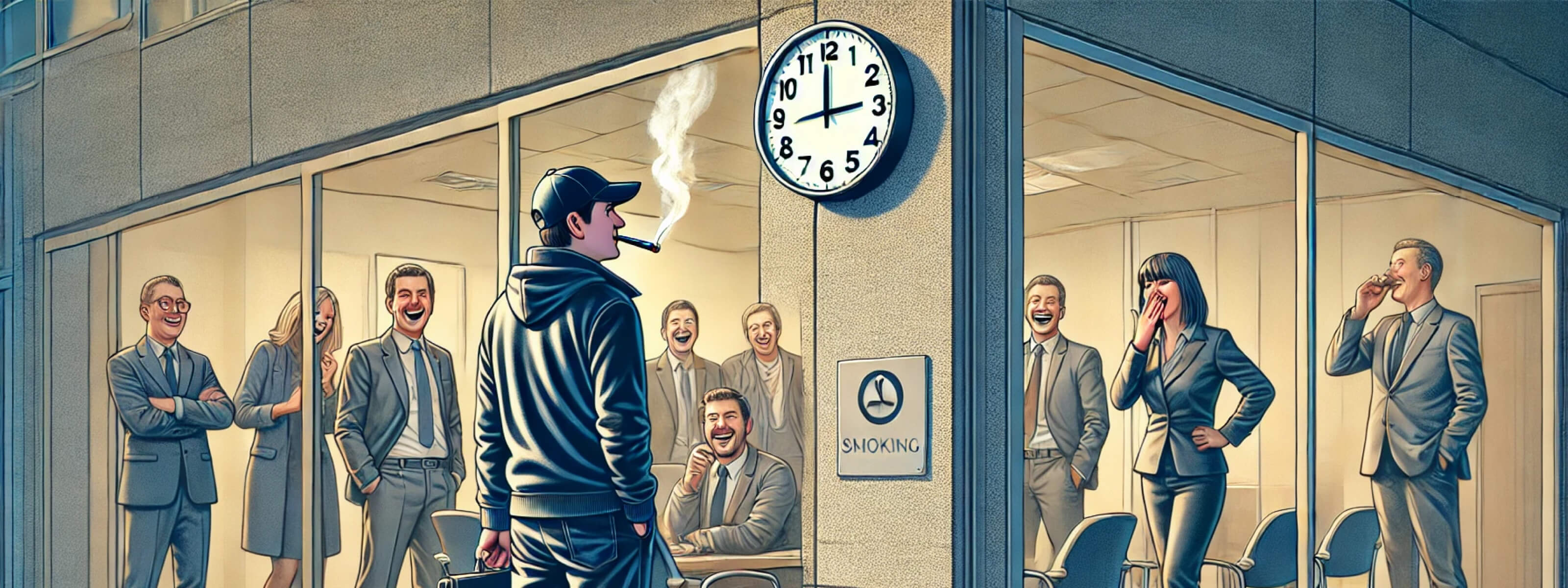 Satirical illustration for “The Smoke Breaks at Work Debate: Unfair Workplace Perk or Justified Mental Break?” A lone smoker stands outside under a wall clock, puffing away, while office workers inside laugh, highlighting the smoker vs non-smoker workplace divide.