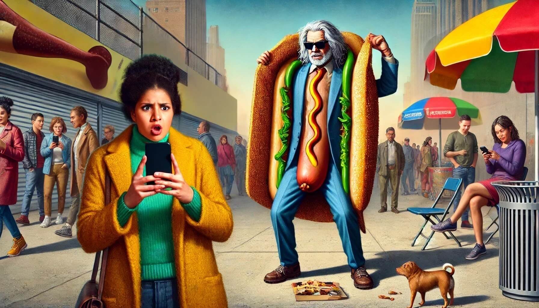 Humorous illustration for “Unsolicited Dick Pics: The Digital Equivalent of Flashing a Stranger in the Fruit and Veg Aisle.” A man in a giant hotdog costume flashes in public while shocked bystanders react, symbolising the absurdity and harassment of unsolicited dick pics.
