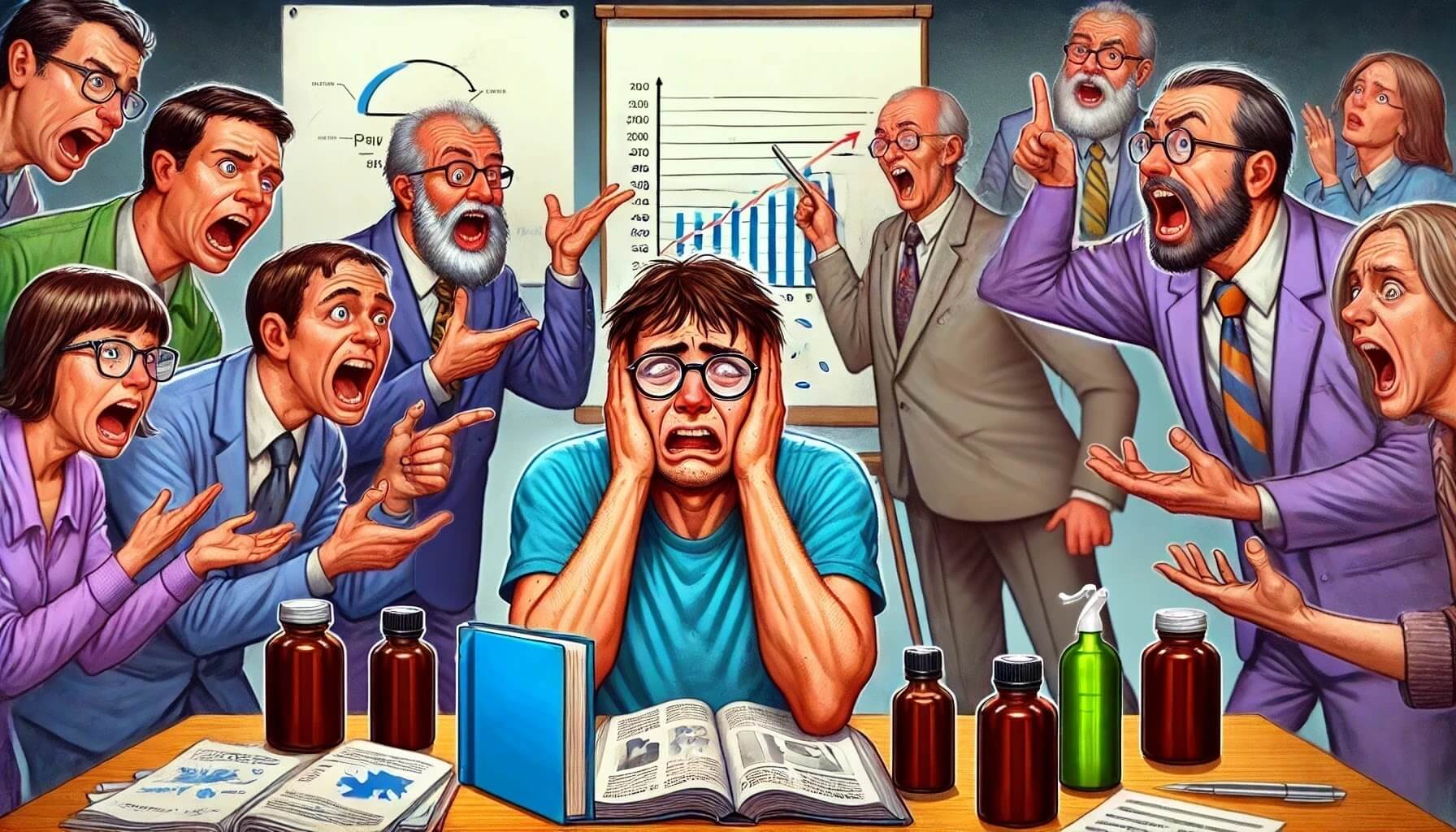 Satirical illustration for “The Art of Butting In: Know-It-Alls, Kibitzers, and the Scourge of Unsolicited Advice.” A stressed man covers his ears while a group of loud know-it-alls, kibitzers, and fake experts shout conflicting advice, symbolising the annoyance of unsolicited opinions.