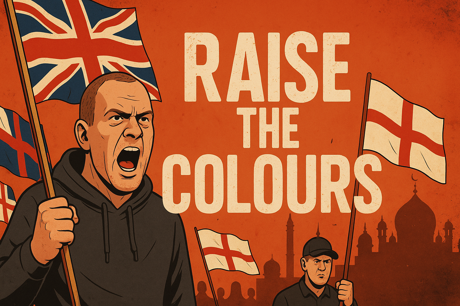 Digital illustration depicting angry nationalist protesters holding Union Jack and St George’s Cross flags under the slogan “RAISE THE COLOURS,” symbolising the rise of flag-waving intimidation in Britain. The image reflects themes from the blog post about Operation Raise the Colours, nationalism, misplaced anger toward immigrants, and political distraction from systemic failures.