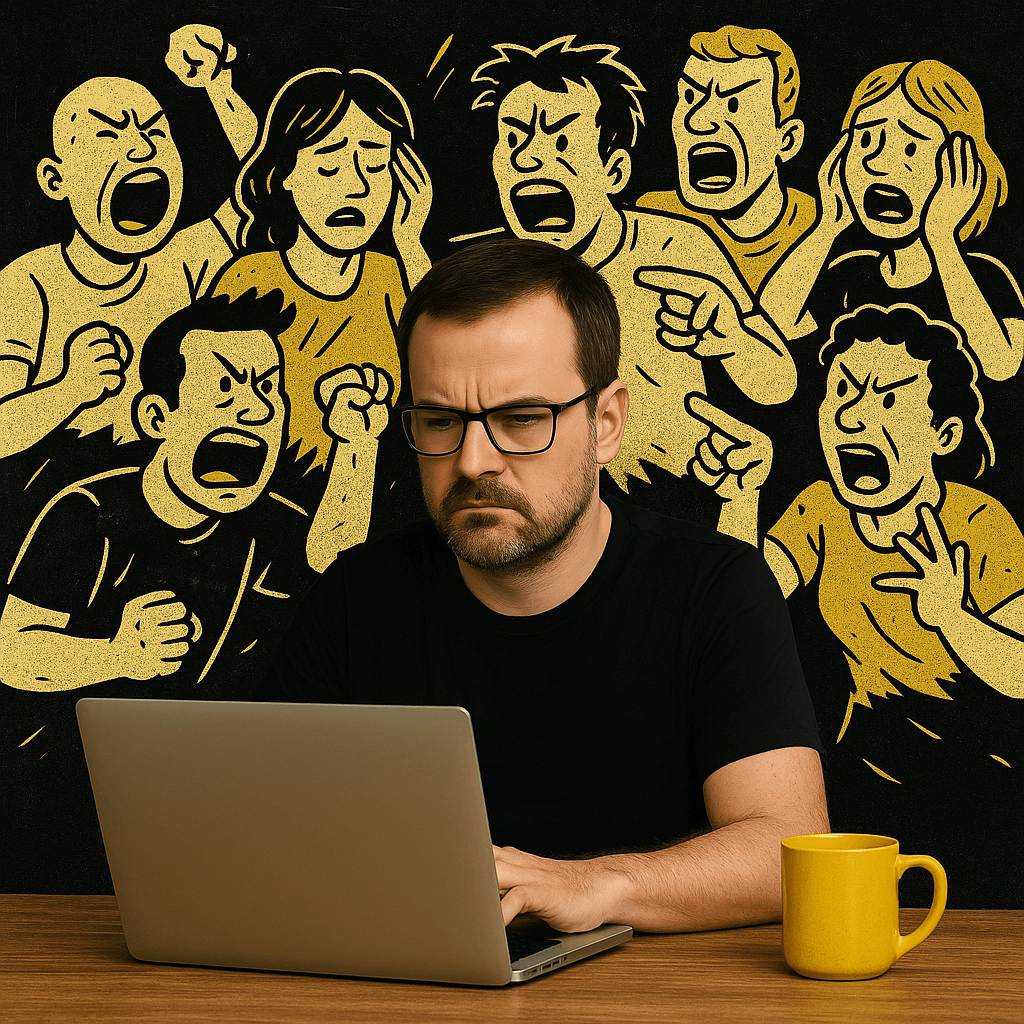 Yann Somou, self-confessed moany prick of an author of 127 Reasons Why You Are an Idiot, sitting at a laptop with a yellow mug, looking frustrated while surrounded by cartoon figures angrily shouting.