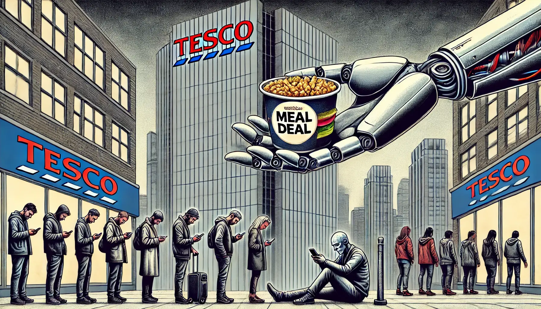 Dystopian illustration showing a robotic hand offering a meal deal to queuing people in a city controlled by AI for good under capitalism, highlighting technology’s cold dominance.
