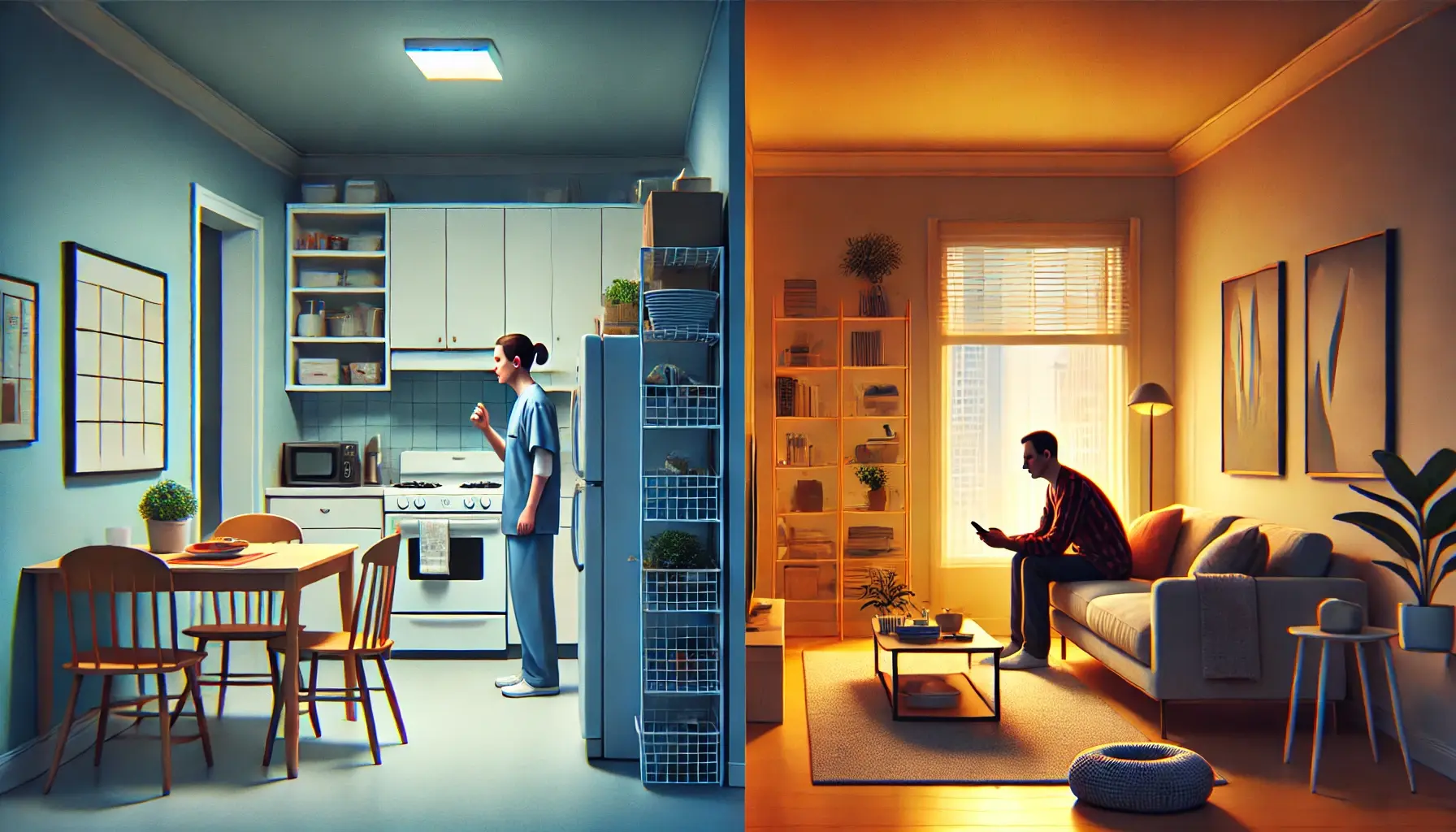Split-screen illustration for Rachel Reeves UK Budget 2025 showing wealth inequality between a hardworking nurse in a modest flat and a wealthy man in a luxury home.