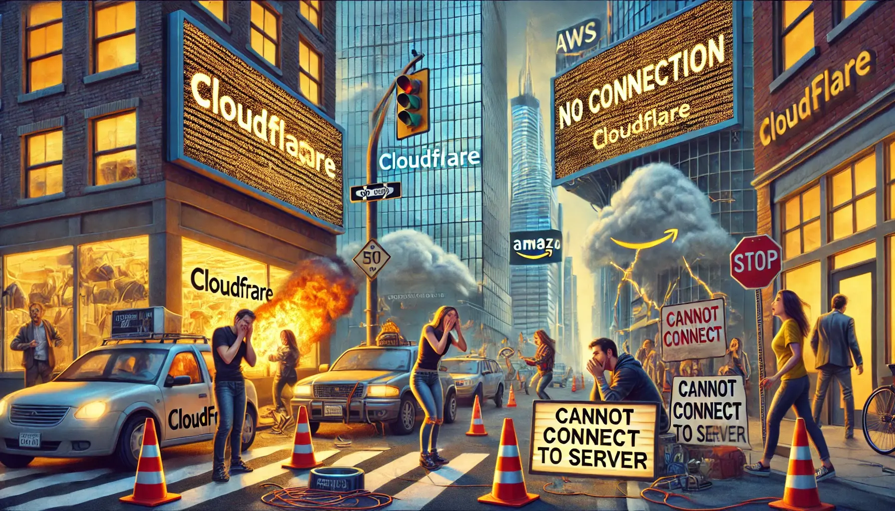 Digital dependency meltdown scene with Cloudflare and AWS failures causing chaos – people panic as internet outage breaks modern devices.