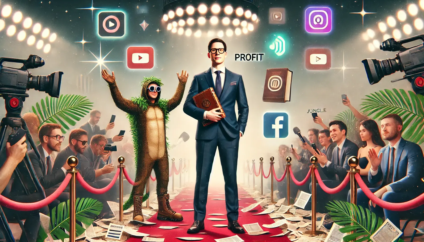 Satirical collage symbolising the disgrace industry with a generic politician and a jungle reality-show figure surrounded by media cameras, representing how public scandals like those involving Nicolas Sarkozy and Matt Hancock become entertainment.