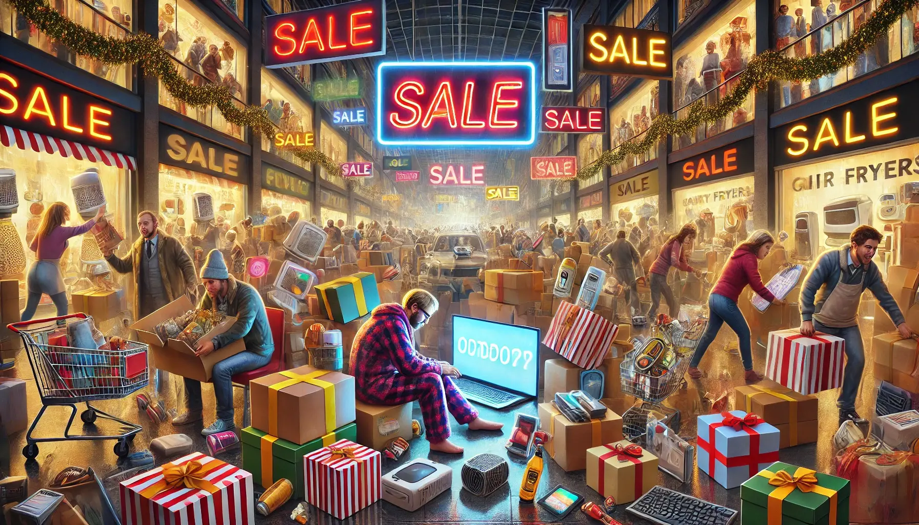Satirical scene of chaotic shoppers during Black Friday scams, rushing through a mall filled with excessive packaging and pointless purchases, symbolising fake deals and consumer frenzy.