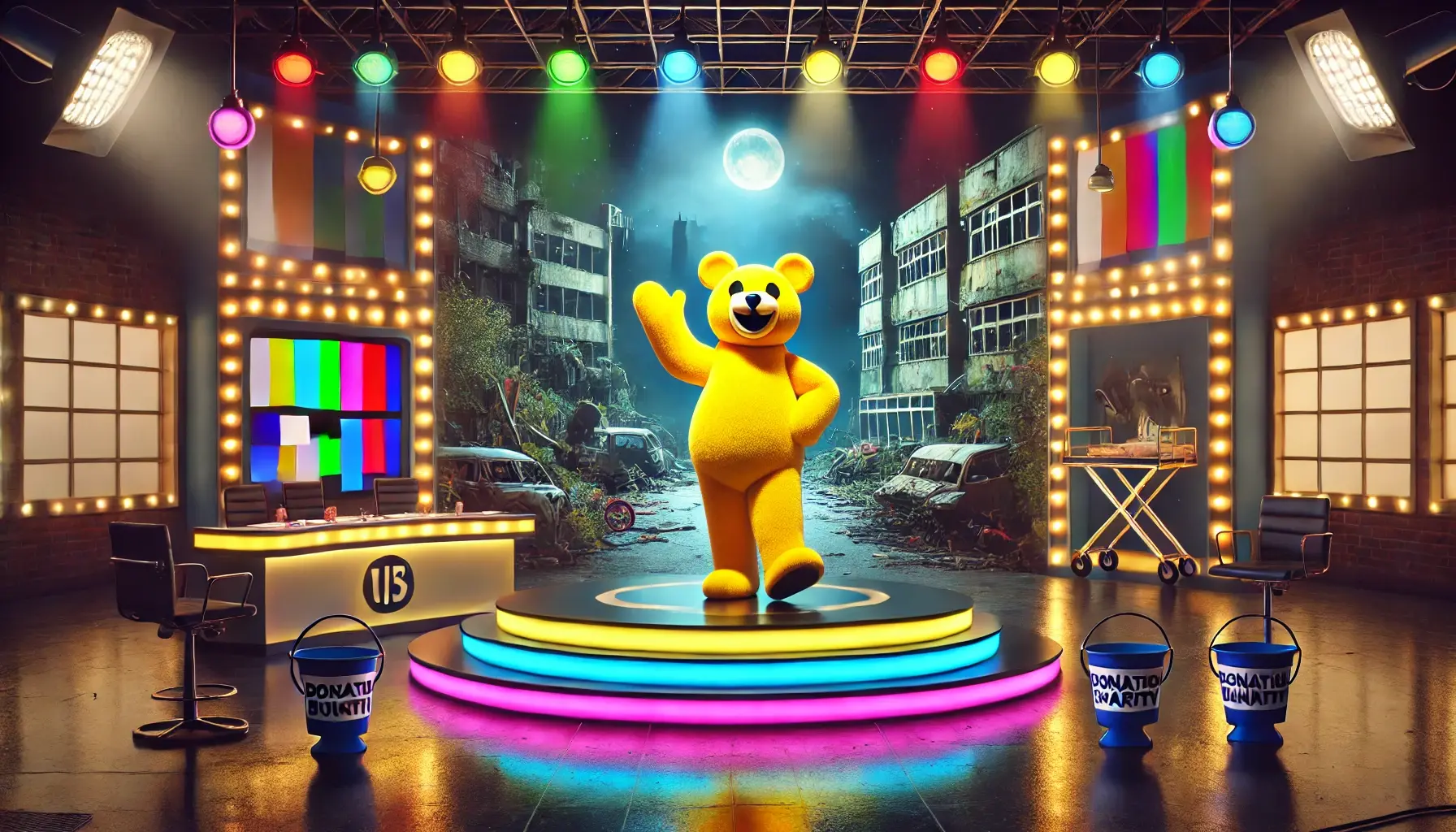 Children in Need charity vs state illustration showing a brightly lit TV studio with a cheerful yellow bear mascot on stage, while gaps in the set reveal a stark contrast behind it: crumbling buildings, neglected public services, and a sense of systemic decay.
